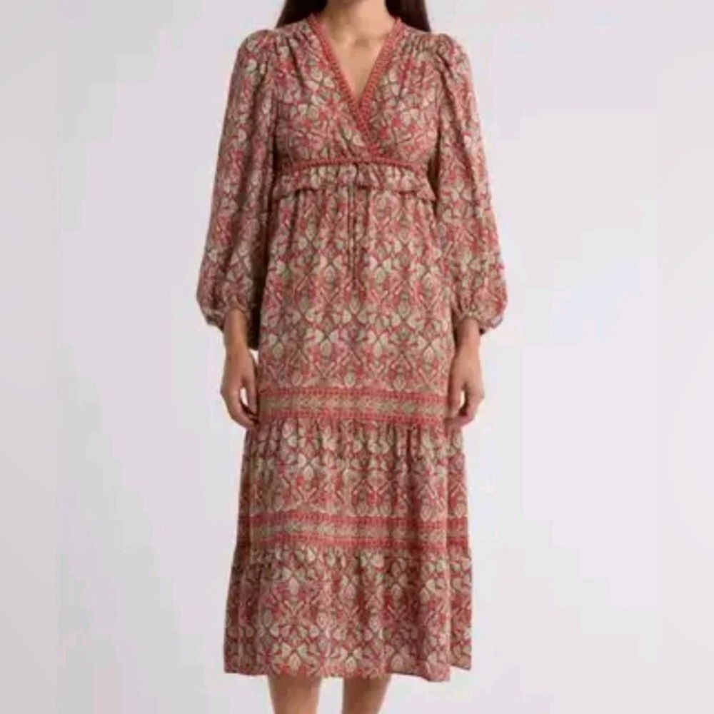 Max Studio London Womens Medium Sleeve Red Floral Dress Boho Ruffled Peasant